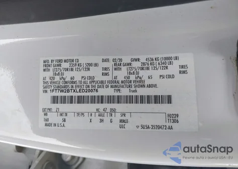 2020 Ford F-250 Lariat z USA, uszkodzony, nr VIN 1FT7W2BTXLED20076